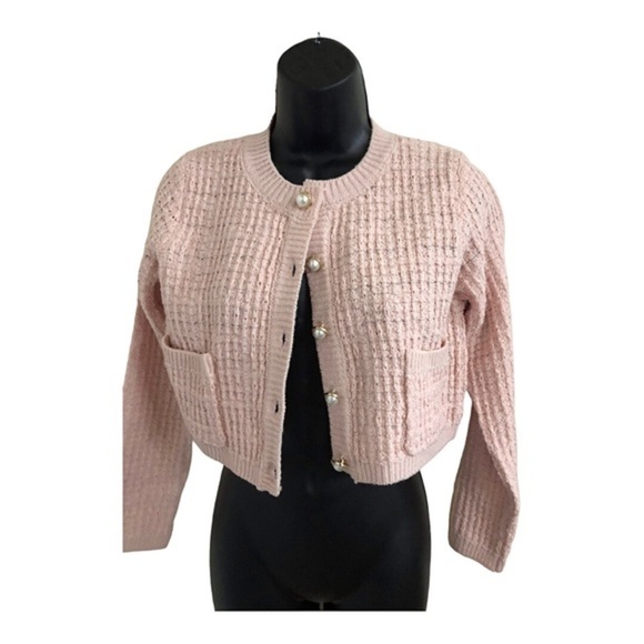 Jessica Simpson pink textured knit pearl button crop cardigan sweater jacket - Picture 12 of 15